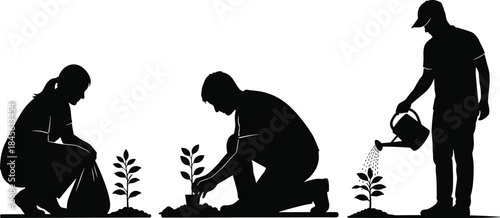 Set of black vector silhouettes featuring people planting young trees, crouching to garden, and watering plants isolated on a white background.