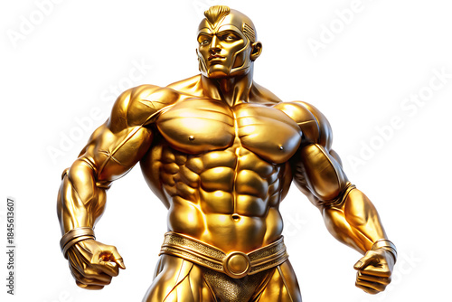 Golden muscular male superhero figurine, detailed realistic illustration, cutout, PNG, isolated on white or transparent background, AI