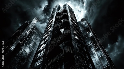 Grunge architecture stormy sky exterior staircase urban building weathered texture monochrome high angle low angle