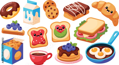 Cute breakfast food set with bread coffee eggs and pastries kawaii vector illustration for morning menu design