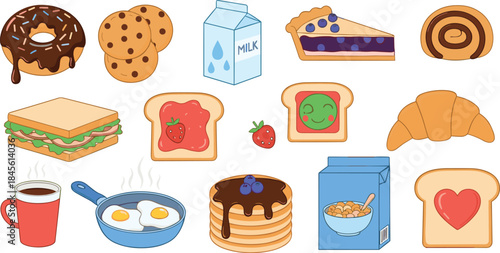 Cute breakfast food icons set with bread eggs pancakes milk and coffee cartoon vector illustration