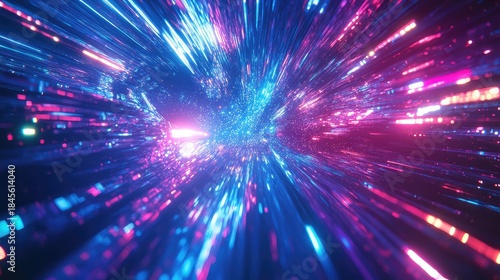 Abstract digital tunnel presenting fast streaming data and glowing light lines, creating a dynamic concept of high speed information flow and modern technological advancement