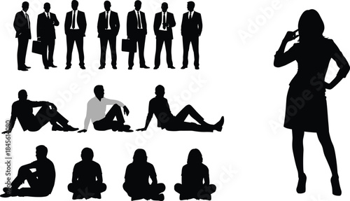 Set of business people silhouettes standing in suits and casual men sitting on floor, vector illustration isolated on white background for design.