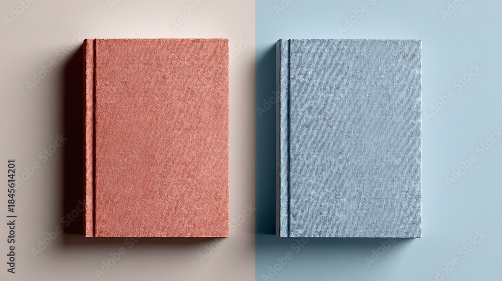 Fototapeta premium Two plain hardcover books, one terracotta and one light blue, lying flat on a matching split-color background