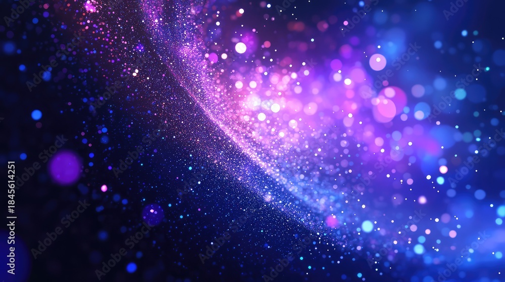 Obraz premium Abstract particles flowing and shimmering in a wave like pattern, forming a dynamic backdrop with sparkling light effects and vibrant blue and purple bokeh