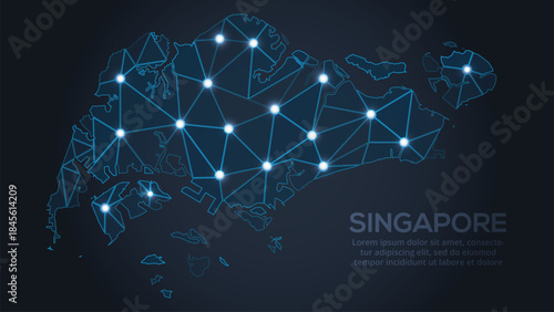 Geometric low-poly vector depiction of Singapore, showing illuminated cities and population clusters as sparkling dots and space-inspired stars. digital communication network
