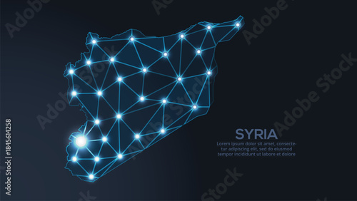 Geometric low-poly vector depiction of Syria, showing illuminated cities and population clusters as sparkling dots and space-inspired stars. digital communication network