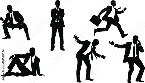 Set of businessmen silhouettes, vector collection of corporate men running, talking on phone, sitting and standing, black figures isolated on white background.