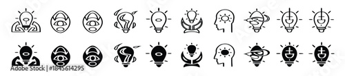 Idea icon set. Creative and solution logo. Lightbulb with brain symbol. Vector illustration.