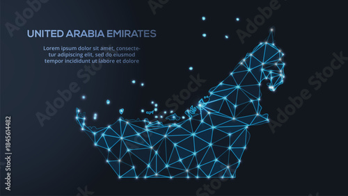 Geometric low-poly vector depiction of United Arabia Emirates, showing illuminated cities and population clusters as sparkling dots and space-inspired stars. digital communication network