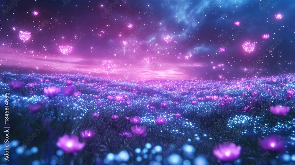 Obraz premium Glowing heart forms gently float above an enchanting field of purple and blue luminous flowers, creating a magical ethereal landscape under a starry, vibrant night sky
