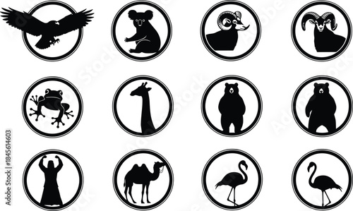 Photography Set of circular vector icons featuring black silhouettes of wild animals, nature symbols, and logos, isolated on white background for design