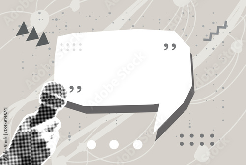 Trendy Halftone Collage Social media interview. Daily news. Reporter with audio equipment. Press conference. Contemporary vector illustration art	