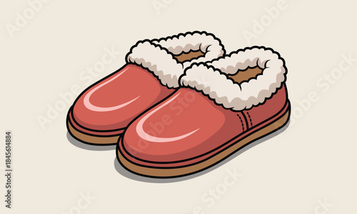 red slippers with white fur on a beige background