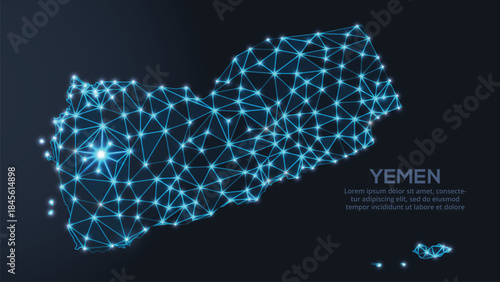 Geometric low-poly vector depiction of Yemen, showing illuminated cities and population clusters as sparkling dots and space-inspired stars. digital communication network