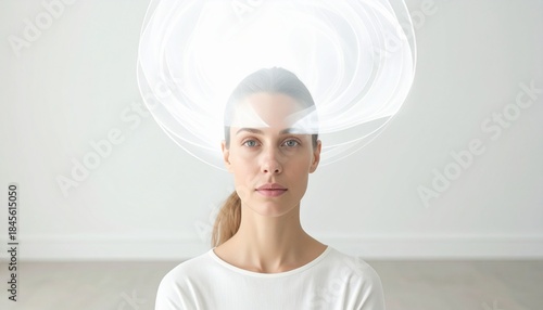 Focused Calm Woman with Glowing Mind, Mental Clarity and Mindfulness Concept