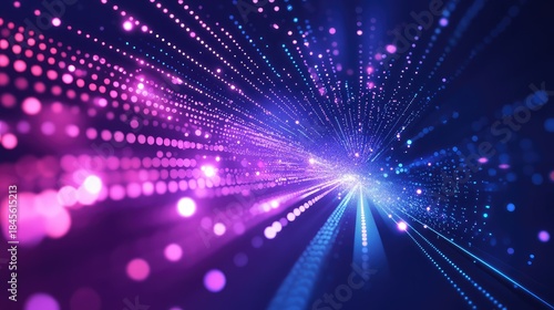 Abstract technology background featuring glowing particles creating a fast light stream, visualizing information traveling in a connected global network
