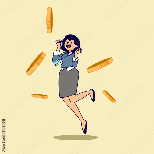 Vector Illustration of a Happy Female Employee Getting a Lot of Bonus Money
