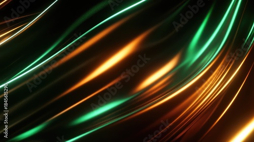 Abstract digital rendering featuring flowing neon lines in bold green and orange colors, creating a dynamic surface with reflective light streaks and modern energy