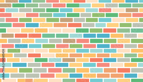 Colorful pastel brick wall pattern background with soft gradients vector. Modern geometric texture ideal for wallpaper, packaging, fabric, web design, kids themes, and creative decorative projects.