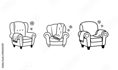 Three armchairs with blankets and snowflakes around