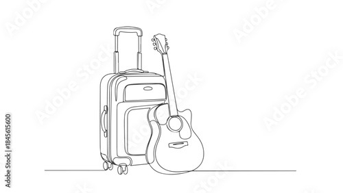 A minimalist line drawing of an acoustic guitar leaning against a rolling suitcase, symbolizing travel and music.
