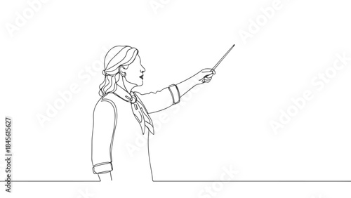 A single line drawing of a woman in profile, holding a pointer stick and gesturing towards the right.