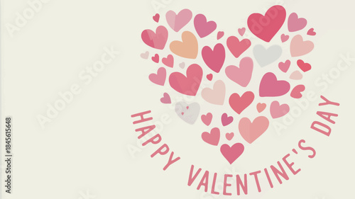 Clustered hearts with circular typography form happy valentine's day greeting on beige background