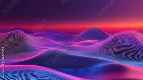 Abstract digital landscape showing undulating wave patterns illuminated by vibrant neon lights, creating a futuristic vision of data, technology, and energy flow