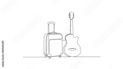 A minimalist line drawing of a rolling suitcase standing next to an acoustic guitar, symbolizing travel and music.