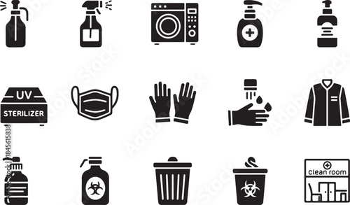 Hygiene and Sanitation Icon Set: Disinfection, Personal Protective Equipment, Sterilization, Medical Safety, and Clean Room Supplies Vector Graphics