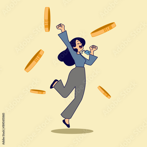 Vector Illustration of a Happy Female Employee Getting a Lot of Money
