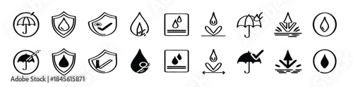 Waterproof icon set. Containing water resistant, water protection, hydrophobic fabric and more. Vector illustration.