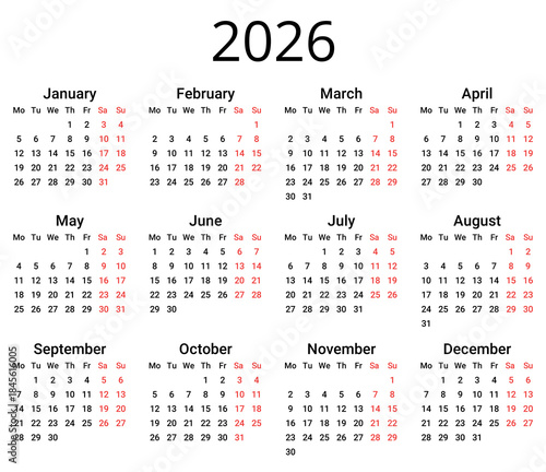 2026 english simple calendar. Png year illustration isolated. Week starts monday