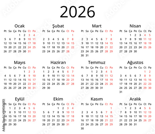 2026 year turkish simple calendar. png transparent illustration for Turkey
