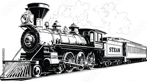 Modern black train with 'Steam' on front vector illustration for design projects