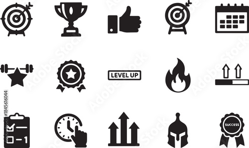 Black and White Vector Icons Set Depicting Weightlifting, Bodybuilding, Strength Training, Dumbbells, Squats, and Gym Workout Equipment and Concepts.