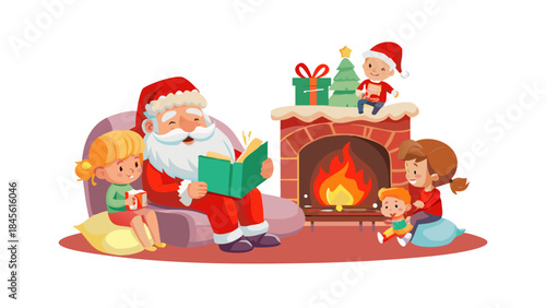 A cozy cartoon Santa reading Christmas bedtime stories to sleeping kids beside a glowing fireplace, warm and gentle mood