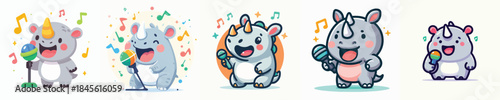 vector of cute rhino singing using a microphone