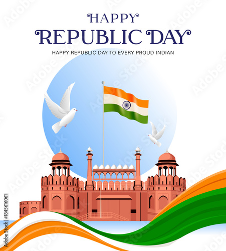 Happy Republic Day of India Poster with Red Fort, Flying Doves and Tricolor Wave Decoration