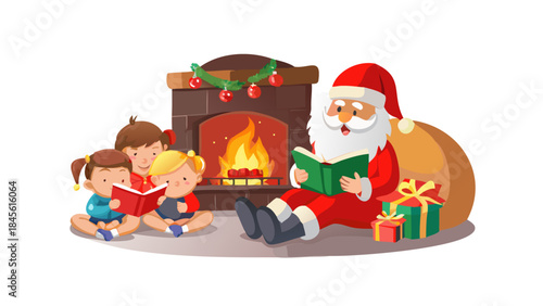 A cozy cartoon Santa reading Christmas bedtime stories to sleeping kids beside a glowing fireplace, warm and gentle mood