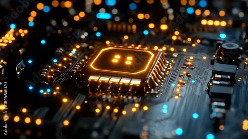 Close-up of a glowing central processing unit on a computer motherboard with bokeh lights.