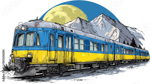 Scenic Blue and Yellow Train with Mountain Background Vector Illustration