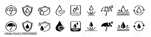Waterproof icon set. Containing water resistant, water protection, hydrophobic fabric and more. Vector illustration.