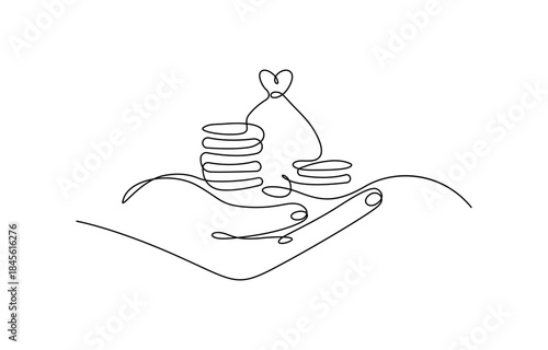 Single one line drawing hand hold coins on literacy.