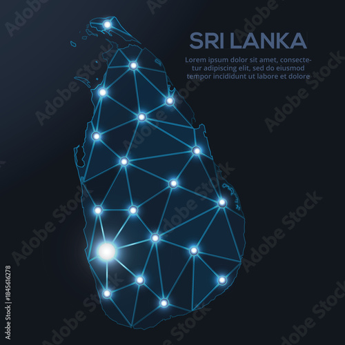 Geometric low-poly vector depiction of Sri Lanka, showing illuminated cities and population clusters as sparkling dots and space-inspired stars. digital communication network