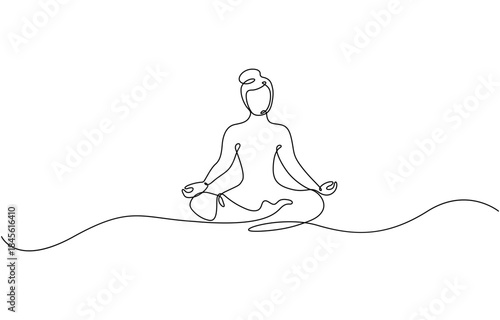 Continuous one line drawing of Woman sitting in lotus pose yoga vector illustration.