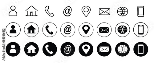 Business card icon set. Containing contact information, name, address, phone, e-mail, location, website, telephone, mail and more. Vector illustration.