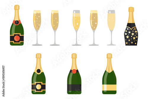 Celebration champagne bottles and glasses, flat vector icons.
