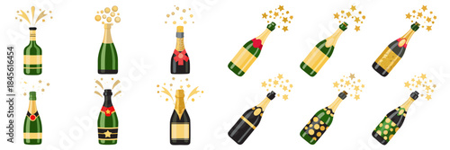 Flat vector champagne bottles popping, golden bubbles